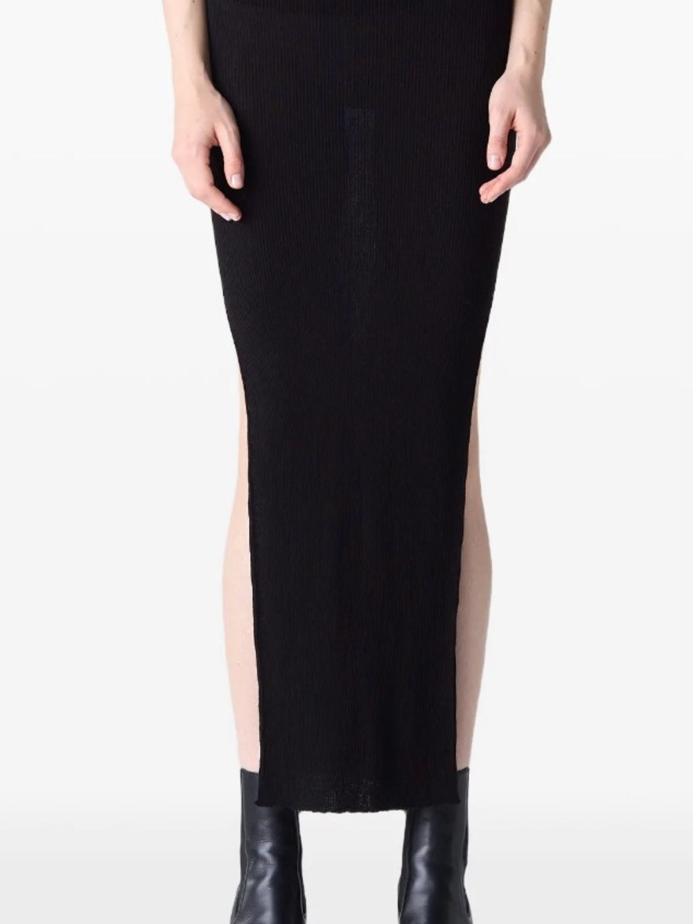 Rick Owens Black Ribbed Maxi Skirt with High Side Slits